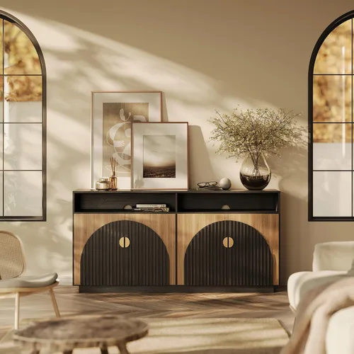 Miniatura 20 de BELLEZE Juego de soporte modular de TV de 4 piezas, centro de entretenimiento moderno con asas anchas de madera, aparadores con estantes ajustables