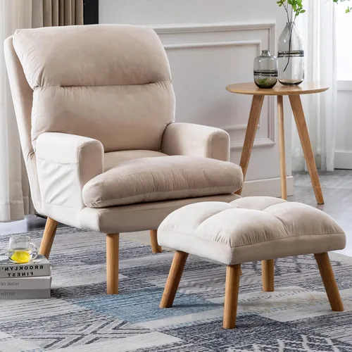 CANMOV Silla decorativa moderna con otomana, sillón de tela suave con respaldo ajustable y bolsillos laterales, cómoda silla de descanso para sala