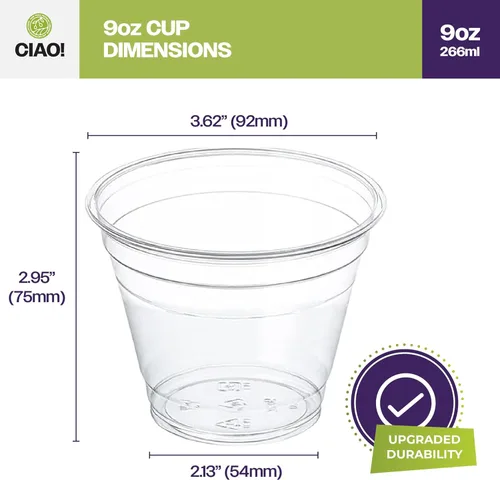 Miniatura 4 de CIAO! Taza de Plástico PET de 9OZ para Bebidas Frías, Ideal para Batidos, Café Helado y Bebidas Frías, 92mm (Caja de 1,000)