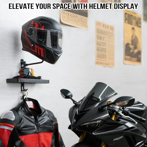 Miniatura 2 de PUERSI Soporte para Casco de Pared con Estante, Soporte de Rotación de 180° para Almacenamiento de Casco para Motocicleta, Bicicleta, Ropa Deportiva
