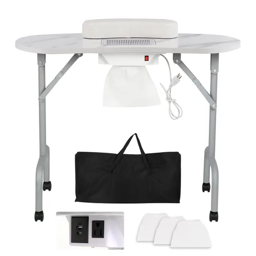 AGESISI Mesa de manicura portátil plegable para uñas con estación de carga y colector de polvo, mesa profesional de tecnología de uñas para técnico,