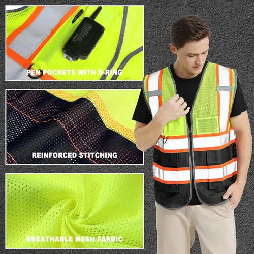 Miniatura 4 de BeautyWill Chalecos de seguridad de alta visibilidad clase 2 con certificación ANSI Chaleco de trabajo de seguridad con cremallera frontal