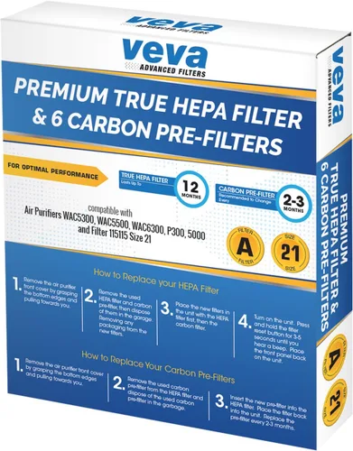Miniatura 8 de Verdadero filtro HEPA premium con 6 prefiltros de carbón activados compatibles con purificador de aire 115115 Tamaño 21, Filtro A y Purificador