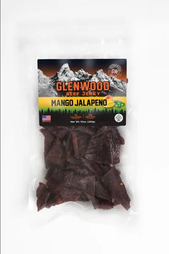 Glenwood Beef Jerky Mango Jalapeño Bolsa resellable de 10 onzas - Húmedo y tierno, aperitivo alto en proteínas, fabricado en los Estados Unidos
