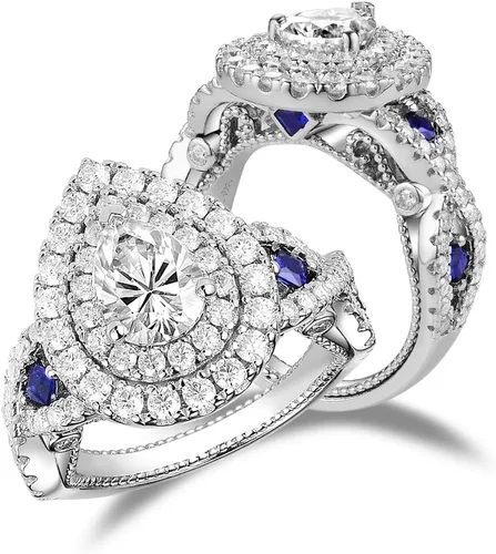 DovEggs Moissanite Engagement Ring for Women 3ctw Total 6x8mm F-G-H Color Pear Cut Vintage Halo Split Shank Wedding Rings Moissanite&Blue Sapphire
