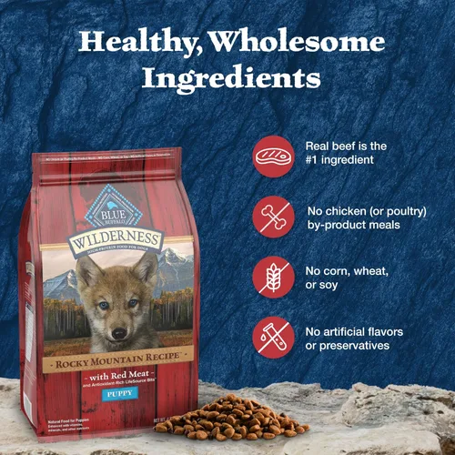 Miniatura 6 de Blue Buffalo Wilderness - Alimento seco de alta proteína con receta de las Montañas Rocosas para cachorros, carne roja y granos, bolsa de 24 libras