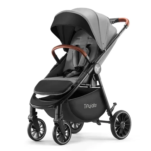 Tinyiota Cochecito para bebés, cochecitos para niños pequeños con toldo grande UPF 50+, cochecito de bebé de lujo con mango de cuero y asiento Gris