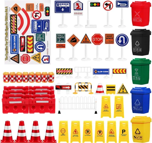 Juego de 105 mini señales de tráfico de tráfico, mini conos de tráfico, juguetes de construcción, cubo de basura en miniatura, luz de cruce