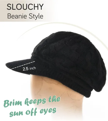 Miniatura 4 de FURTALK Gorros de punto de invierno con visera doble forro suave para mujer, cálidos y elegantes, gorros de nieve holgados