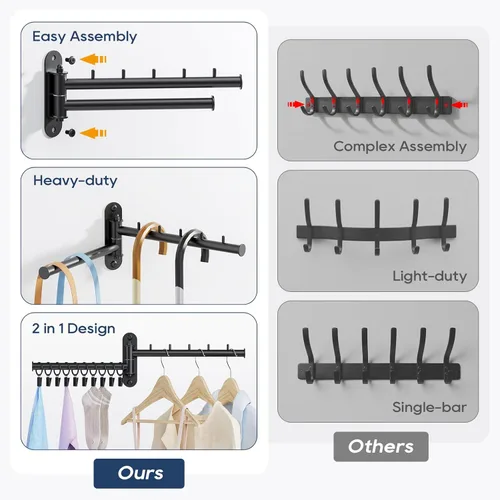 Miniatura 6 de Estante de secado de pared, 2 niveles con brazo oscilante, colgador de ropa plegable que ahorra espacio con 10 clips para lavandería, organizador