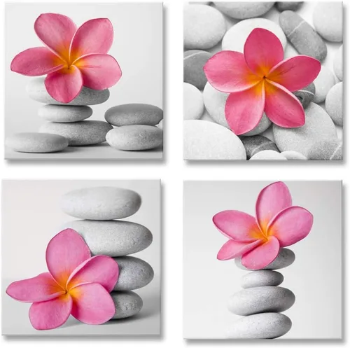 Miniatura 6 de Genius Decor - Arte moderno para pared de baño, diseño de flores zen azules y grises, piedra de guijarro, aguamarina, arte en lienzo para decoración