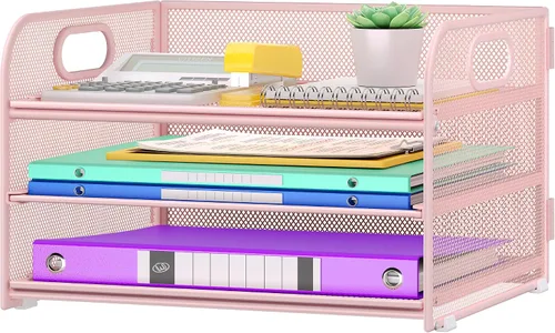 Miniatura 7 de Cawukege Organizador de papel de 3 niveles con asa, organizador de escritorio de metal, bandeja de cartas de papel de malla, carpeta de archivos
