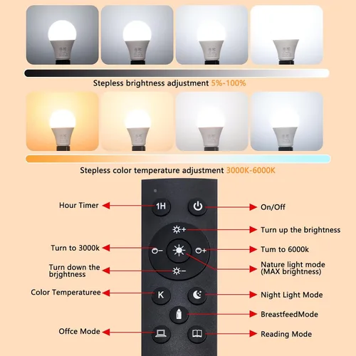 Miniatura 2 de Gupuzm Bombillas LED A19 con control remoto, 800 lm, 9 W, equivalente a bombillas de 60 W, bombilla regulable con control remoto, 3000K-6000K, base