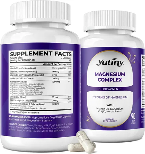 Miniatura 9 de Complejo de magnesio de 1000 mg para mujeres, suplemento de magnesio 12 en 1 con citrato de glicinato, malato, taurato, vitamina D3 K2, zinc
