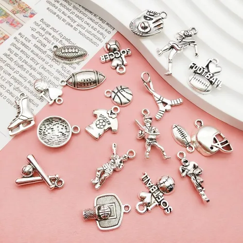Miniatura 3 de 100 piezas de dijes deportivos de plata envejecida para hacer joyas, aleación de fútbol, béisbol, sóftbol, fútbol para manualidades de bricolaje