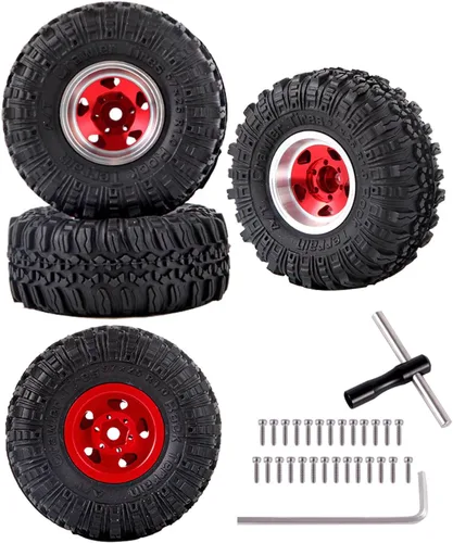 Neumáticos de aluminio Beadlock RC de 1.0 pulgadas para camiones RC 1/18 1/24 TRX4M, SCX24, FCX24 RC Crawler, ruedas RC Hops Up (4 piezas rojas)