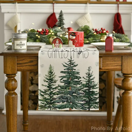 Miniatura 7 de Artoid Mode - Camino de mesa beige con diseño de árbol de pino y copos de nieve, «Feliz Navidad», decoración de mesa de comedor para fiestas