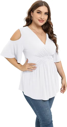 Miniatura 4 de TIANZHU Camisetas de talla grande para mujer, sexy, con cintura imperio, camisas de manga corta con detalle de hombros descubiertos