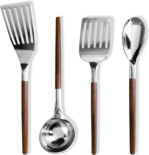 Miniatura 9 de Salt & York Juego de utensilios de cocina, herramientas de cocina de acero inoxidable con asas de madera de olivo hechas a mano, 2 espátulas