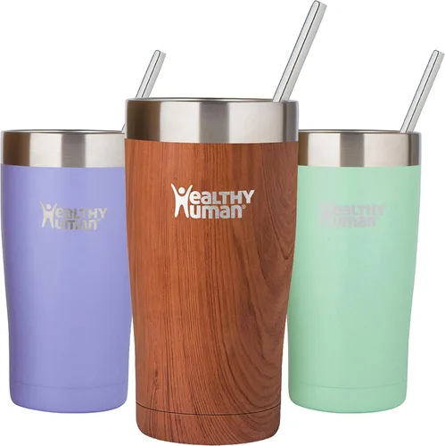 Healthy Human Vaso de acero inoxidable con popote y tapa, taza de viaje aislada a prueba de salpicaduras, vasos de café ecológicos, tazas de agua
