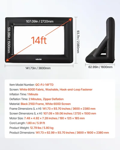 Miniatura 7 de VEVOR Pantalla de proyector inflable de 14 pies, pantalla de cine inflable para exteriores con soplador de aire de 120 W, pantalla de proyección