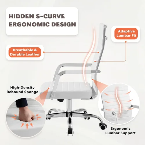 Miniatura 4 de Furmax silla de escritorio de oficina acanalada con respaldo medio de piel sintética silla de trabajo ejecutiva de conferencia silla giratoria Blanco