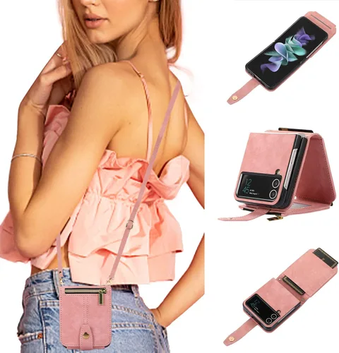 UEEBAI Funda tipo cartera cruzada para Samsung Galaxy Z Flip 4 5G, ranuras para tarjetas, cubierta cruzada ajustable con cremallera, correa de Rosado
