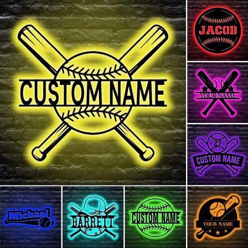 Letrero de neón personalizado de béisbol, lámpara de decoración de pared con nombre personalizado y control remoto de cambio de 16 colores, luz
