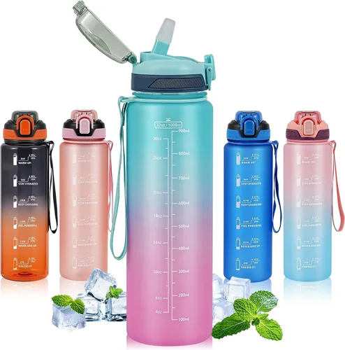 Miniatura 17 de Botella de agua deportiva con popote, botellas de agua de 32 onzas con marcador de tiempo para niños y niñas, botella de agua simple y moderna