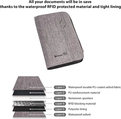 Miniatura 8 de Valante - Organizador de documentos de viaje familiar prémium con capacidad para pasaporte RFID, Gris, L, Cartera RFID