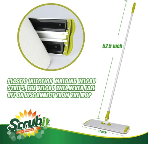 Miniatura 7 de SCRUBIT Trapeador de microfibra para todo tipo de suelos con 2 almohadillas lavables y reutilizables, altura ajustable, mango giratorio de 360