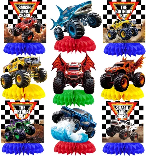 9 piezas de centro de mesa de nido de abeja de camión monstruo camión monstruo decoraciones de fiesta de cumpleaños Monster Truck decoraciones de