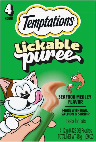 Miniatura 28 de Temptations Creamy Puree - Golosinas húmedas exprimibles para lamer para gatos con salmón, tubos de 0.42 onzas, 16