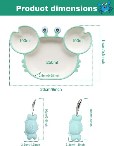 Miniatura 2 de Bandeja de comida en forma de cangrejo con base de succión y tapa, caja Bento para adultos de 7.4 x 7.4 x 1.5 pulgadas, silicona de grado