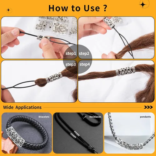 Miniatura 6 de 152 piezas de joyería de cabello vikingo con cuentas de runas nórdicas en tubo, clips de metal, puños, anillos, accesorios para trenzas, cuentas