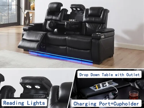 Miniatura 3 de THSUPER Sillón reclinable de cuero transpirable y sofá de dos plazas con luz LED, sofá reclinable para cine en casa con reposacabezas ajustable/luz
