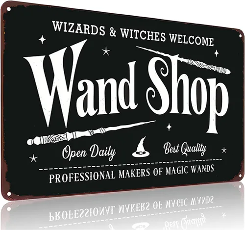 Funnysign Letrero vintage de Halloween con texto en inglés "Wizards&Witches", divertido letrero de lata para el hogar, cafetería, cocina, decoración