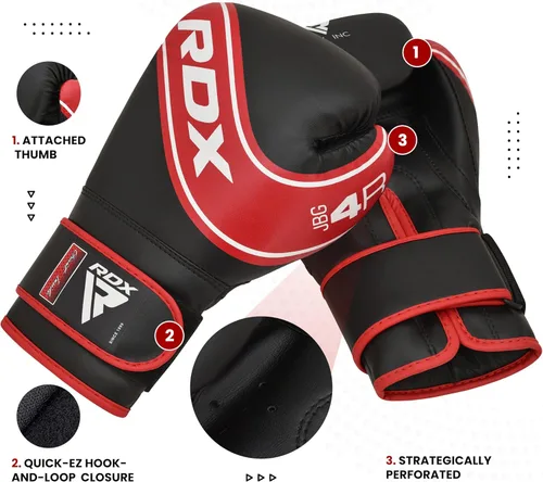 Miniatura 2 de Guantes de boxeo para niños RDX, 4 oz y 6 oz, Junior, de cuero Maya, con palma ventilada, para entrenamiento, Muay Thai, sparring, kickboxing, Rojo