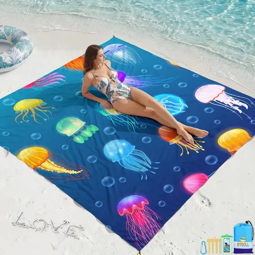 Miniatura 21 de BYDOLL Manta de playa impermeable a prueba de arena, 78 x 81 pulgadas, 78 x 110 pulgadas, grande, libre de arena, ligera, resistente a la arena