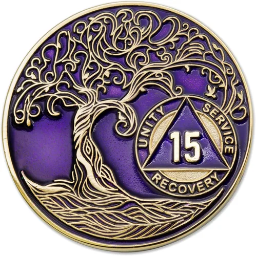 Miniatura 223 de 20 Year Sobriety Mint Twisted Tree of Life - Medallón de recuperación AA chapado en oro, fichas y fichas, color negro