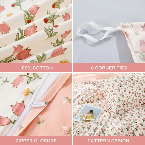 Miniatura 5 de SAPHREAS Juego de Funda de Edredón de Flores Rosas 2 piezas Algodón Estilo Jardín Campanilla Floral Ropa de Cama Juego de Funda de Edredón 100%