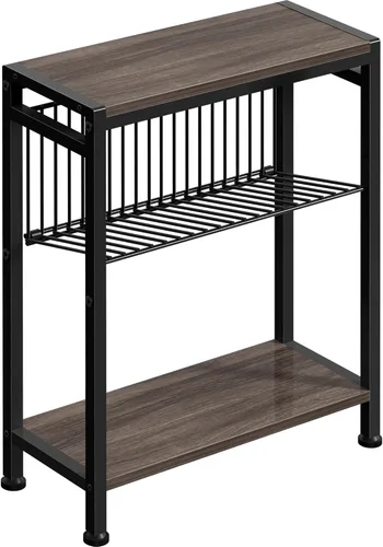 Miniatura 17 de Mesa auxiliar pequeña para espacios pequeños, mesa auxiliar estrecha de 3 niveles con portarevistas, mesita de noche delgada, mesa delgada para Gris
