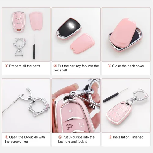 Miniatura 5 de Pangpai Funda de Llavero Rosa para Mercedes Benz, Protección de Funda de Llave de TPU Suave con Llavero Brillante Compatible con Clase C E S M CLS