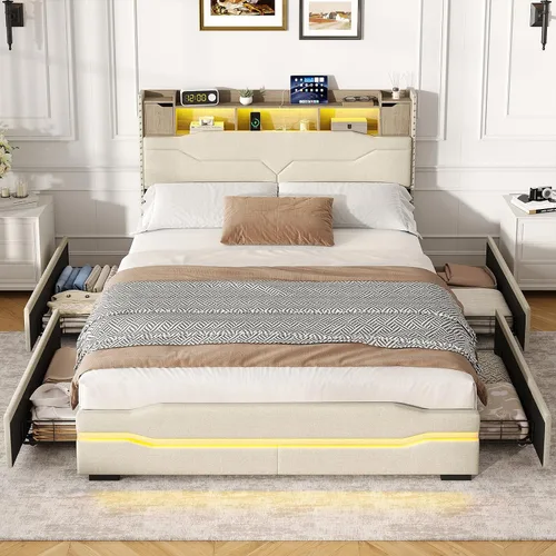 Miniatura 3 de Maupvit Base de cama matrimonial con cabecera de almacenamiento, 4 cajones debajo de la cama y luces LED, plataforma tapizada con estación de carga