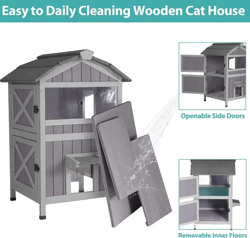 Miniatura 4 de Suumerpety Casa aislada para gatos al aire libre, refugio de madera resistente a la intemperie para gatos con forro, recintos para gatitos, casa