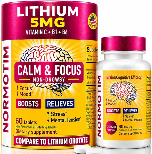 Apoyo para la calma y el enfoque, tabletas de disolución rápida de ascorbato de litio de 5 mg con vitamina C, B1 y B6, soporte cognitivo y de