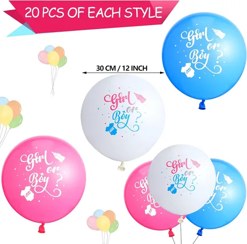 Miniatura 2 de 60 globos de revelación de género para niñas o niños, globos de látex para fiesta de revelación en blanco, rosa y azul, suministros para decoración