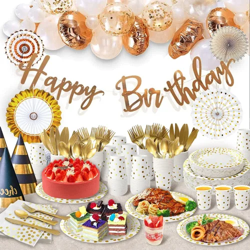 Miniatura 5 de AIRE 175 piezas de suministros de fiesta blanco y dorado, juego de vajilla desechable resistente que sirve para 25, platos de papel, tenedores