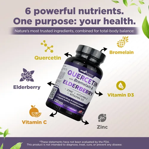 Miniatura 3 de Gade Nutrition Quercetina con bromelina, saúco, vitamina C y zinc, suplemento de apoyo inmunológico Sambucus de 500 mg cápsulas Sin gluten