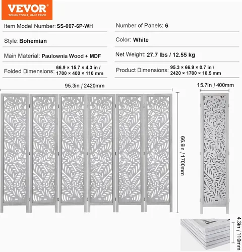 Miniatura 8 de VEVOR Divisor de habitación de madera, pantalla de privacidad plegable de madera de 6 paneles, divisor de partición tallado para interiores de 66.9